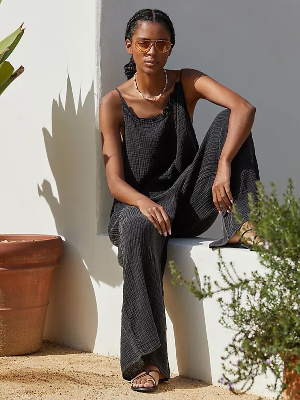 NWOT ANTHROPOLOGIE Malika Gauze Jumpsuit Wide Leg Cover Up Black Spaghetti Strap
